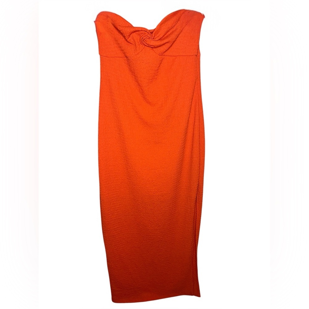 On the Wild Table Orange Strapless Midi Dress Twist Front Bodycon Resort Medium - Picture 4 of 13